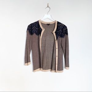Ann Taylor Tan and Black Cardigan Sweater With Lace Detailing